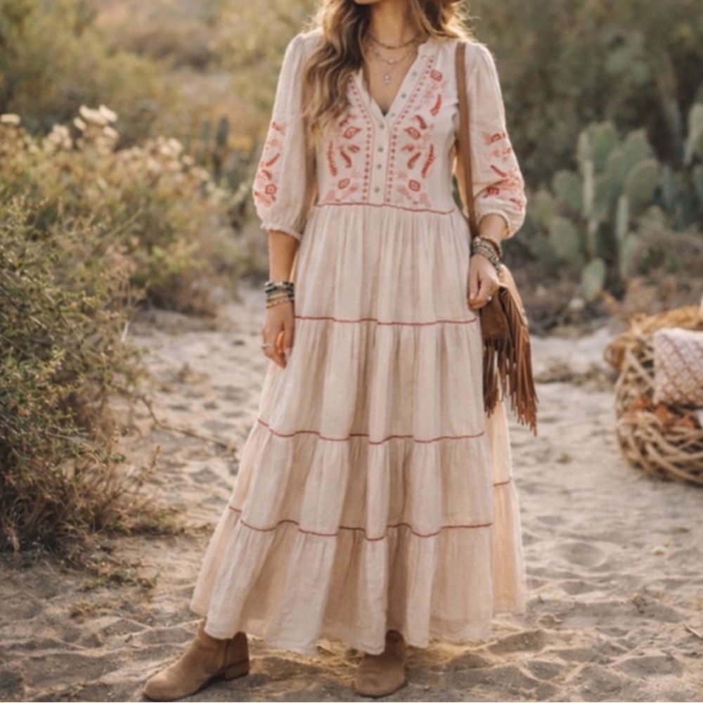 Fig + Flower Tan‎ Midi Dress with Burgundy Pink Embroidery. Size Large.